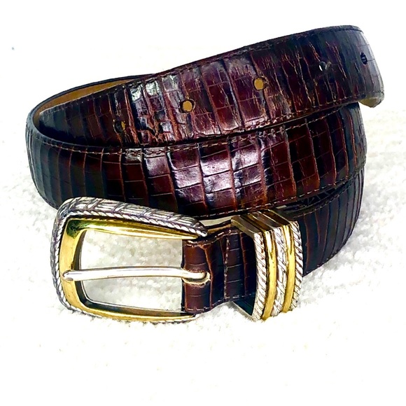 Brighton Accessories - Brighton Womans 34" Brown Croc Leather Belt 2 Tone Silver/Gold Buckle